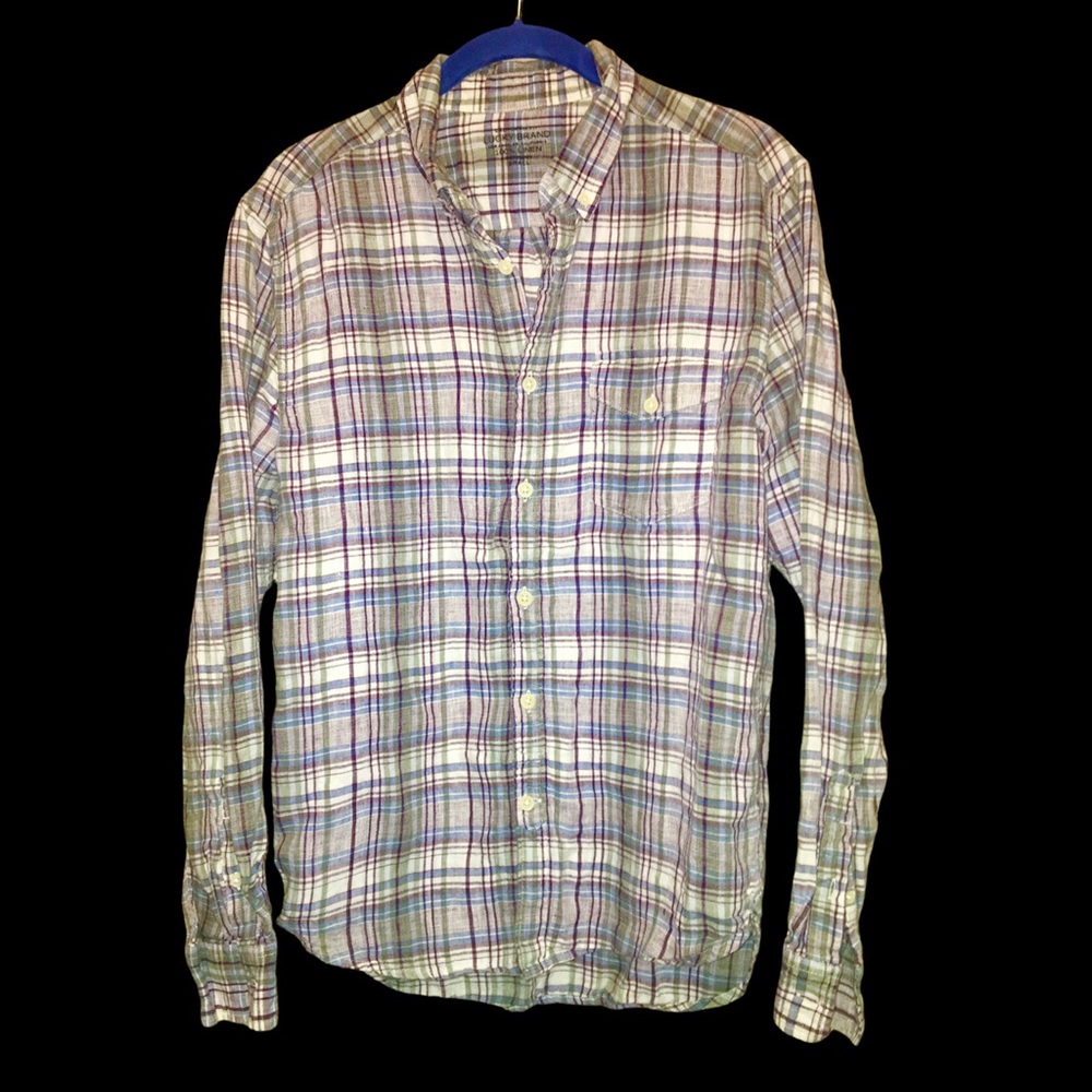 Lucky Brand Linen Blue Green Purple Button-Up Casual Western Shirt